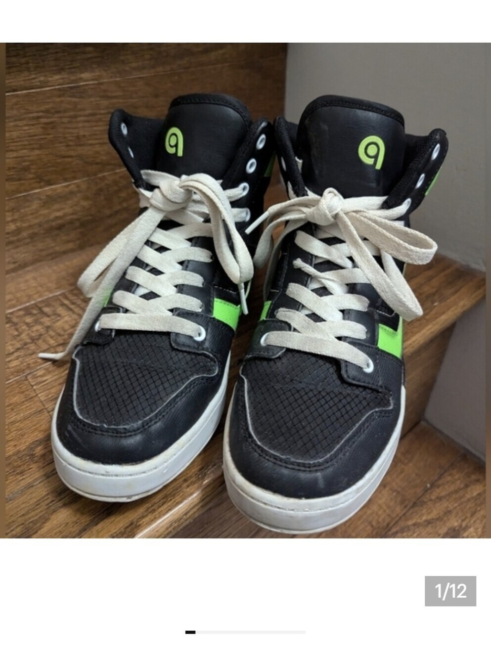 Black high top sneakers with neon green stripes men's Size 6 / youth 6
